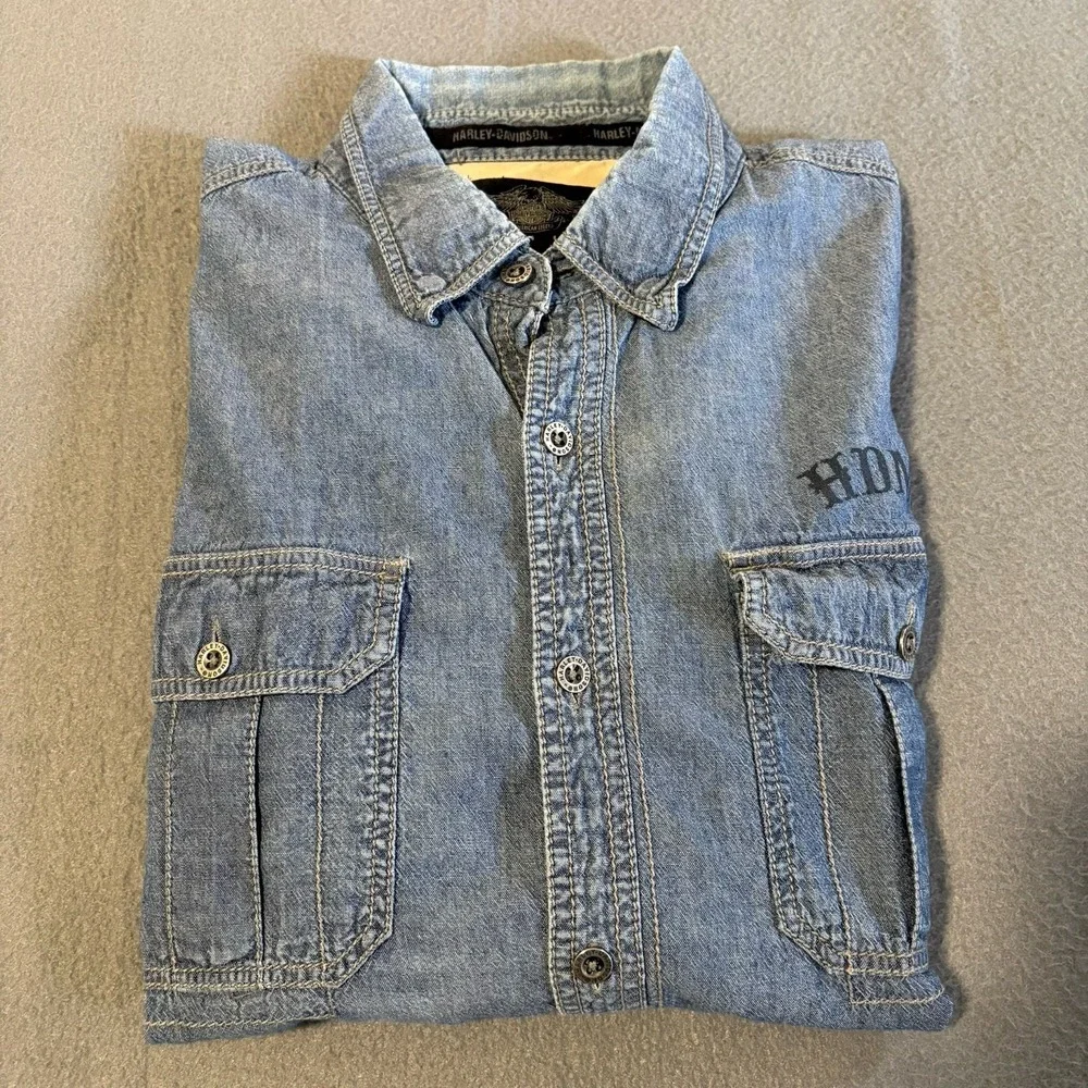 Harley Davidson Denim Shirt Men M Blue Biker Graphic Print Skull Logo‎ Y2K